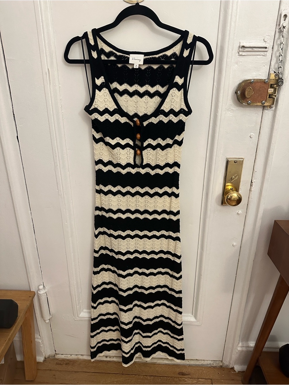 Sleeveless Black and Cream Striped Knit Maxi Dress